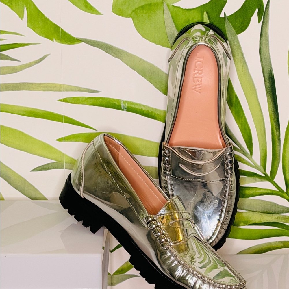 J. Crew Metallic Silver Loafers with Lug Sole size 9.5 (runs small!)